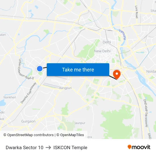 Dwarka Sector 10 to ISKCON Temple map