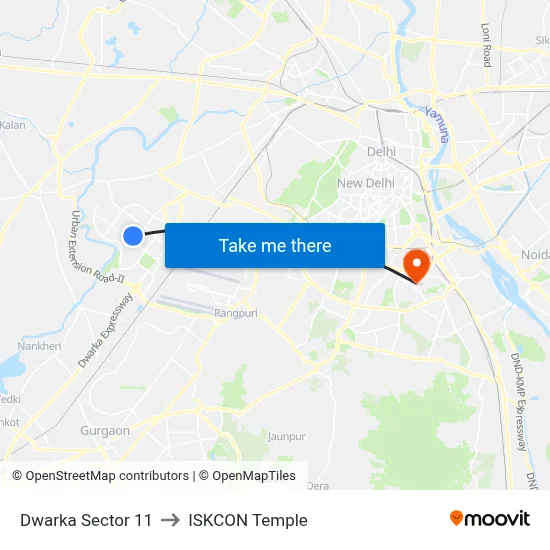 Dwarka Sector 11 to ISKCON Temple map