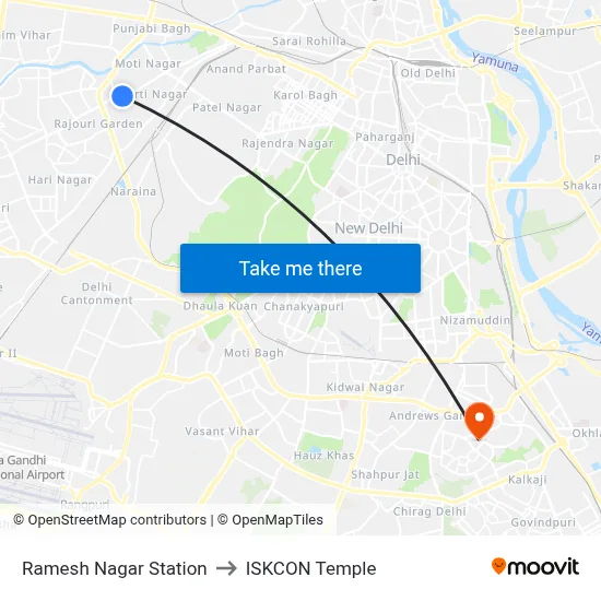 Ramesh Nagar Station to ISKCON Temple map