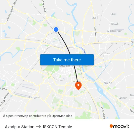Azadpur Station to ISKCON Temple map