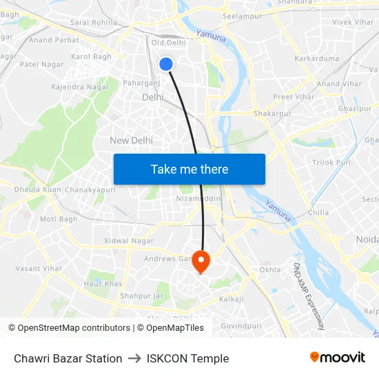 Chawri Bazar Station to ISKCON Temple map