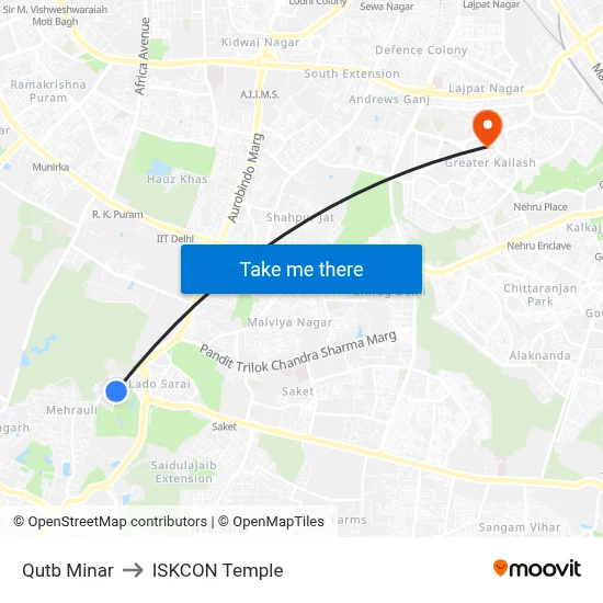 Qutb Minar to ISKCON Temple map