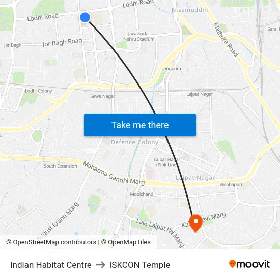 Indian Habitat Centre to ISKCON Temple map