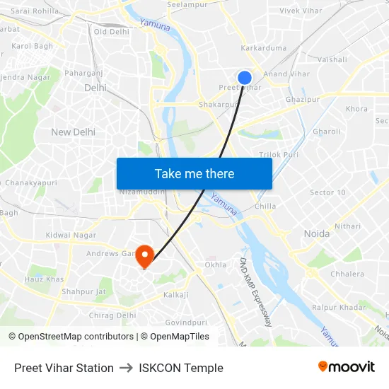 Preet Vihar Station to ISKCON Temple map
