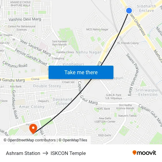 Ashram Station to ISKCON Temple map