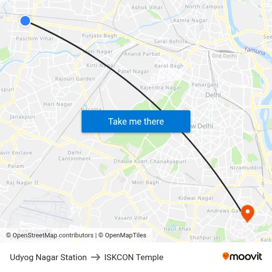 Udyog Nagar Station to ISKCON Temple map