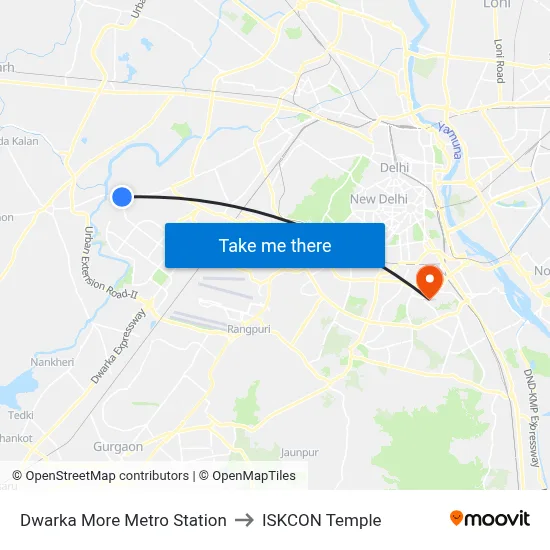 Dwarka More Metro Station to ISKCON Temple map