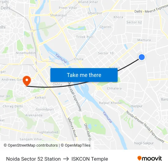 Noida Sector 52 Station to ISKCON Temple map