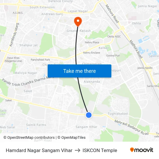 Hamdard Nagar Sangam Vihar to ISKCON Temple map