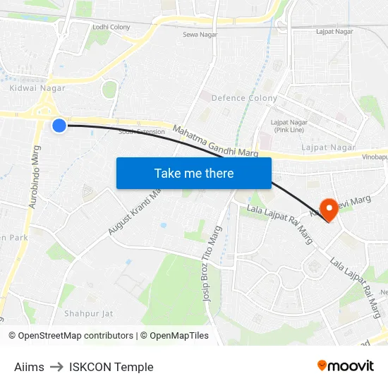 Aiims to ISKCON Temple map