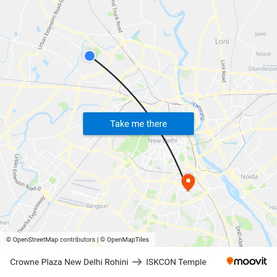 Crowne Plaza New Delhi Rohini to ISKCON Temple map