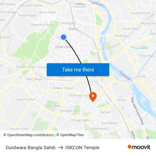 Gurdwara Bangla Sahib to ISKCON Temple map