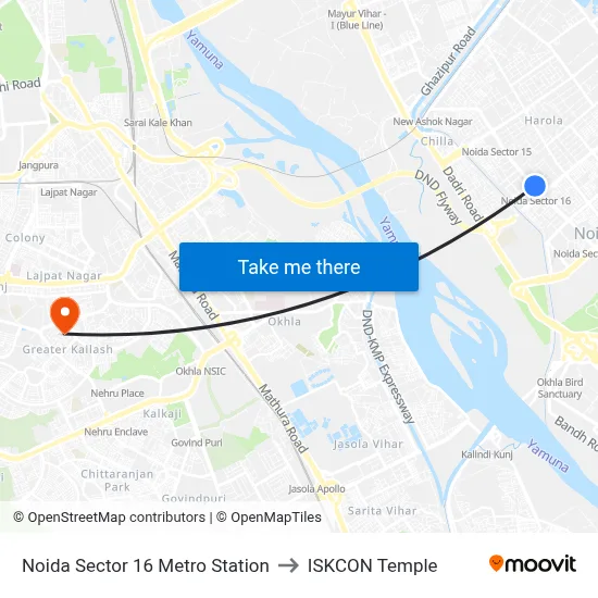 Noida Sector 16 Metro Station to ISKCON Temple map