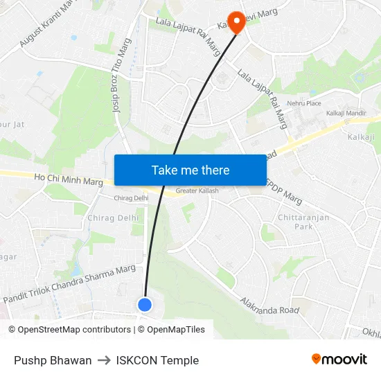 Pushp Bhawan to ISKCON Temple map