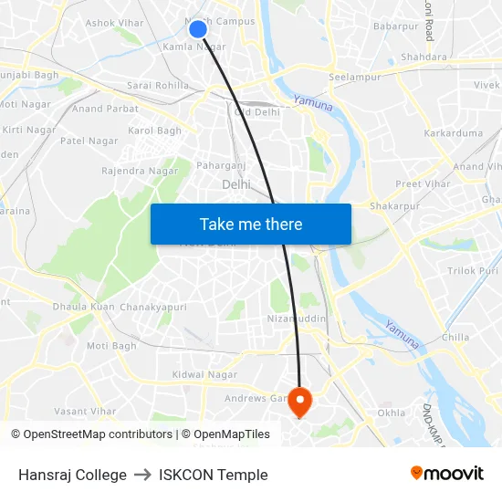 Hansraj College to ISKCON Temple map