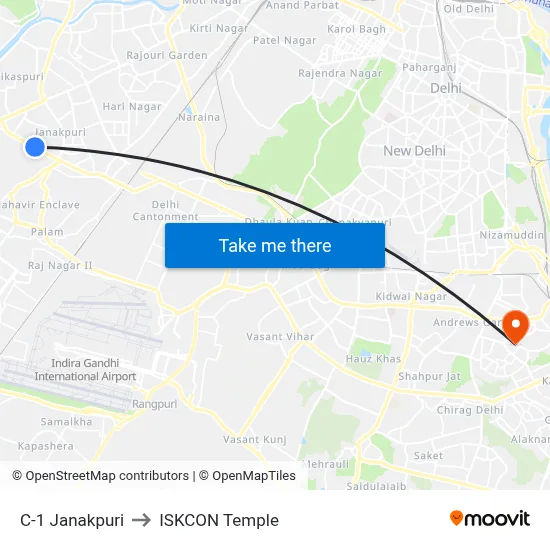C-1 Janakpuri to ISKCON Temple map