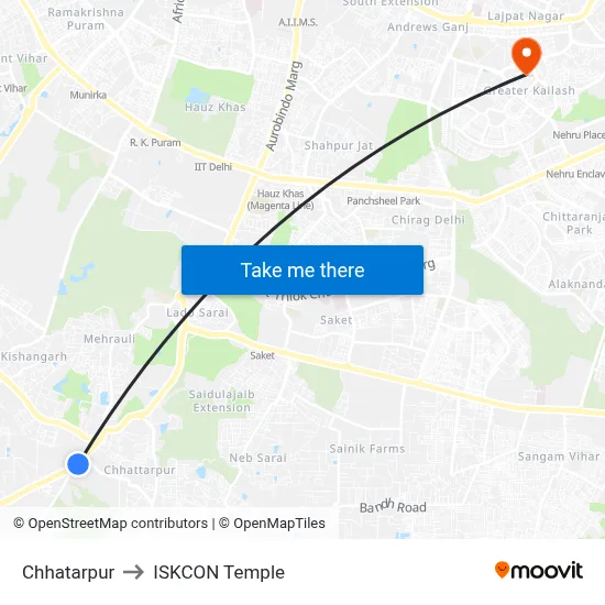 Chhatarpur to ISKCON Temple map