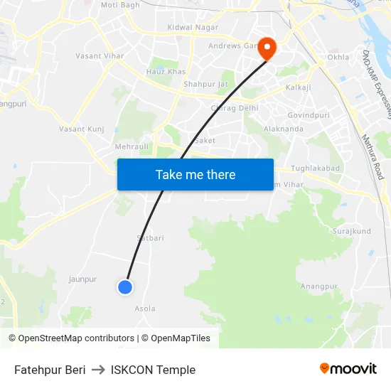 Fatehpur Beri to ISKCON Temple map