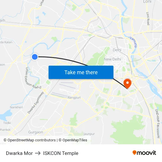 Dwarka Mor to ISKCON Temple map