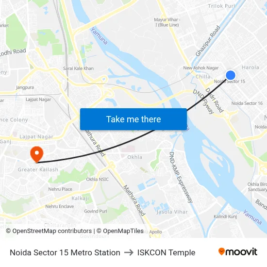 Noida Sector 15 Metro Station to ISKCON Temple map