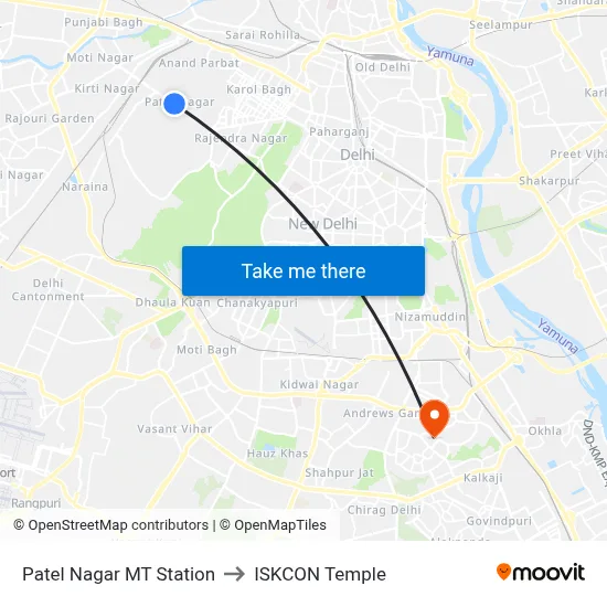 Patel Nagar MT Station to ISKCON Temple map
