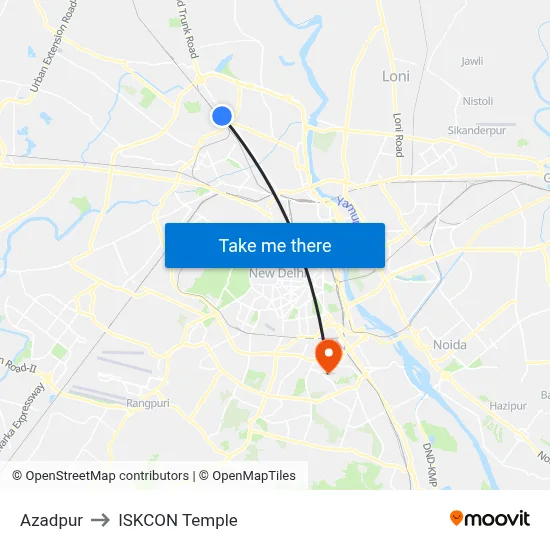 Azadpur to ISKCON Temple map
