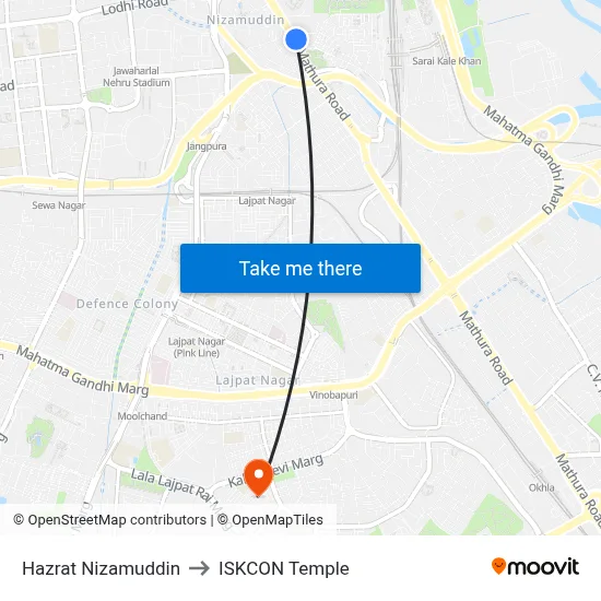 Hazrat Nizamuddin to ISKCON Temple map