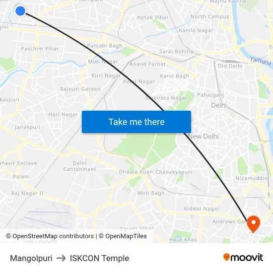 Mangolpuri to ISKCON Temple map