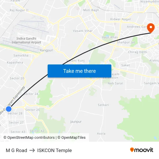 M G Road to ISKCON Temple map