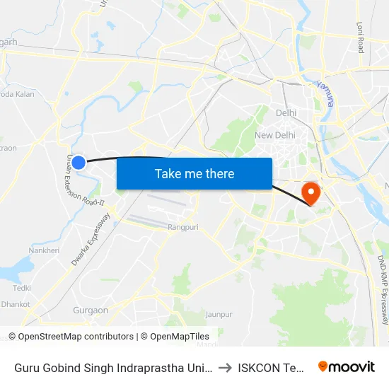 Guru Gobind Singh Indraprastha University to ISKCON Temple map