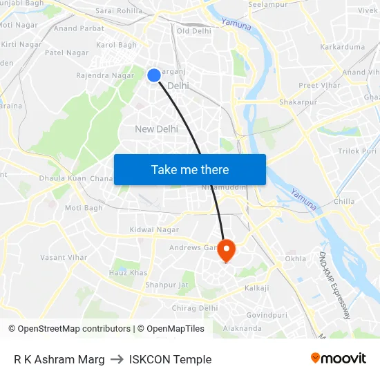 R K Ashram Marg to ISKCON Temple map