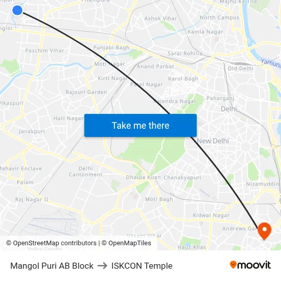 Mangol Puri AB Block to ISKCON Temple map
