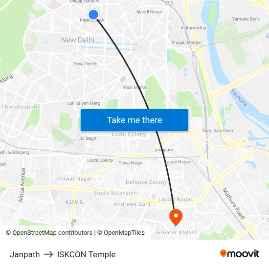 Janpath to ISKCON Temple map