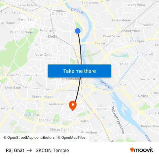 Rāj Ghāt to ISKCON Temple map