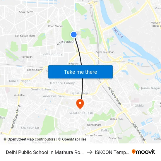 Delhi Public School in Mathura Road, Dr. Zakir Hussain Marg, Delhi Golf Club, Golf Links, New Delhi to ISKCON Temple map