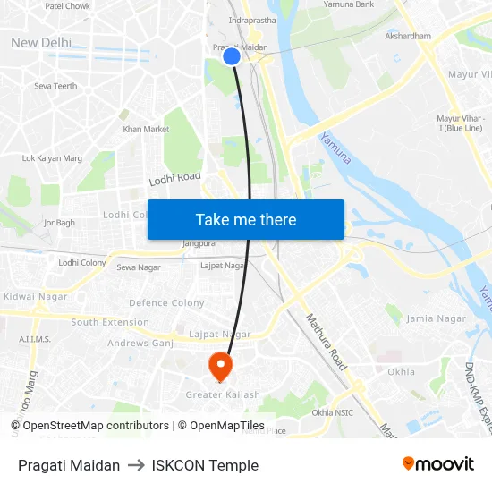 Pragati Maidan to ISKCON Temple map