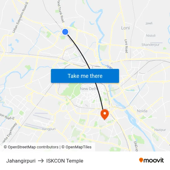 Jahangirpuri to ISKCON Temple map