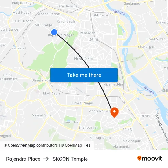 Rajendra Place to ISKCON Temple map