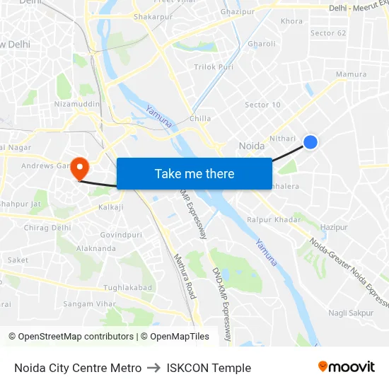 Noida City Centre Metro to ISKCON Temple map