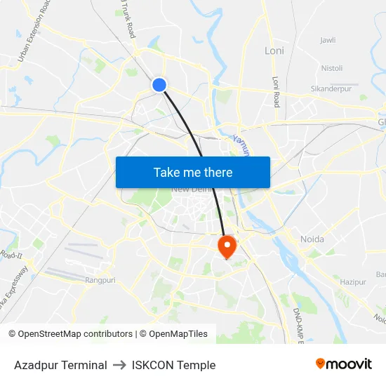 Azadpur Terminal to ISKCON Temple map