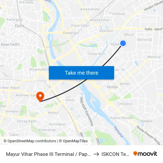 Mayur Vihar Phase III Terminal / Paper Market to ISKCON Temple map