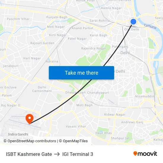 ISBT Kashmere Gate to IGI Terminal 3 map