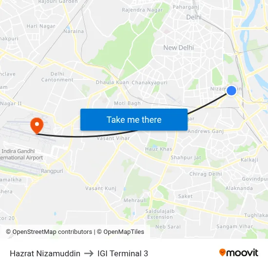 Hazrat Nizamuddin to IGI Terminal 3 map