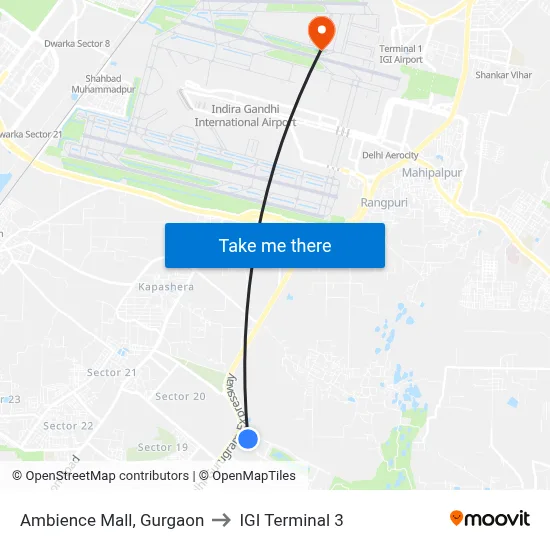 Ambience Mall, Gurgaon to IGI Terminal 3 map