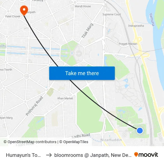 Humayun's Tomb to bloomrooms @ Janpath, New Delhi map