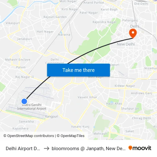 Delhi Airport DEL to bloomrooms @ Janpath, New Delhi map