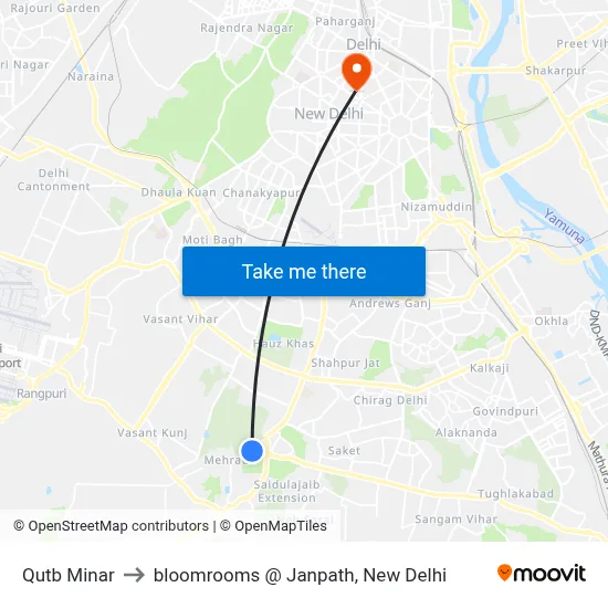 Qutb Minar to bloomrooms @ Janpath, New Delhi map