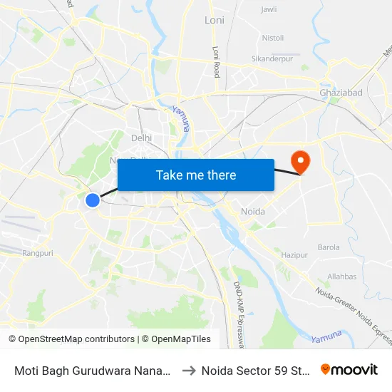 Moti Bagh Gurudwara Nanak Pura to Noida Sector 59 Station map