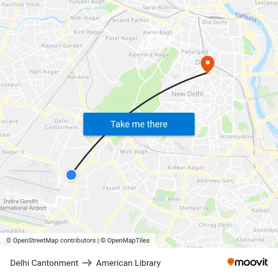 Delhi Cantonment to American Library map