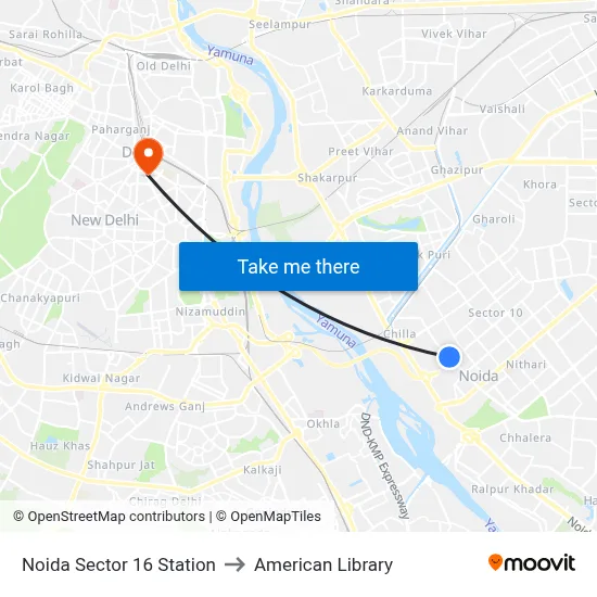 Noida Sector 16 Station to American Library map